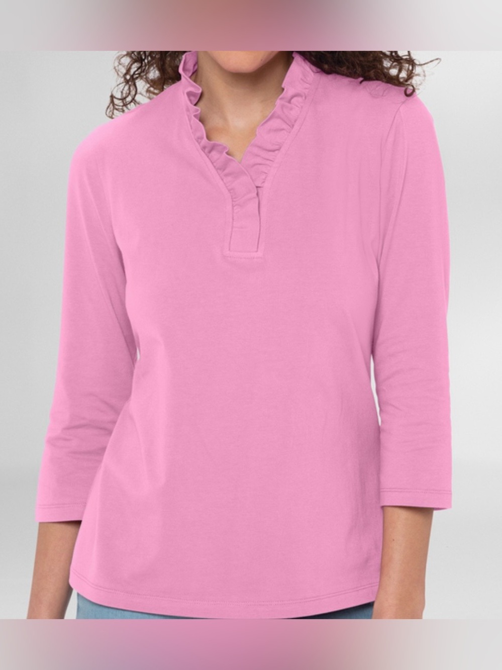 Appleseed's Pink Ruffle Notch-Neck 3/4 Sleeve Top Size Medium